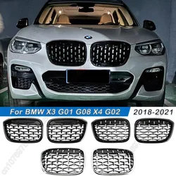 2Pcs Silver and Black Diamond Style Grills Replacement Grille For BMW X3 X4 G01 G02 G08 2017-2021 Car Front Bumper Grill Kits