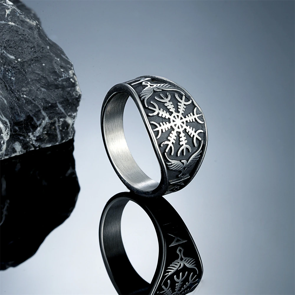 Vintage Vikings Runes Compass Rings Men Stainless Steel Norse Mythology Odin\'s Crow Futhark Finger Ring Pagan Talisman Jewelry