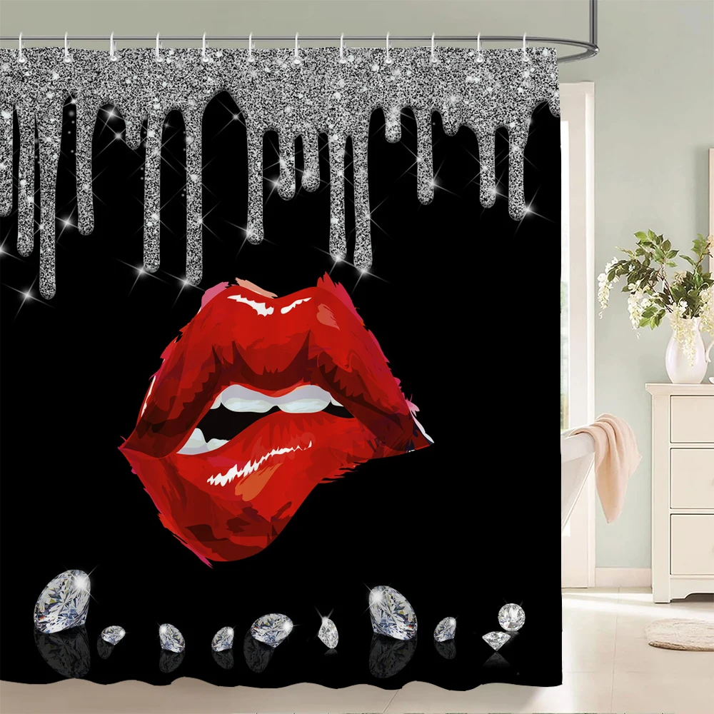 

Shiny Diamond Red lips Waterproof Shower Curtain, Modernist and Romantic Home Bathroom Decoration Curtain, With hooks