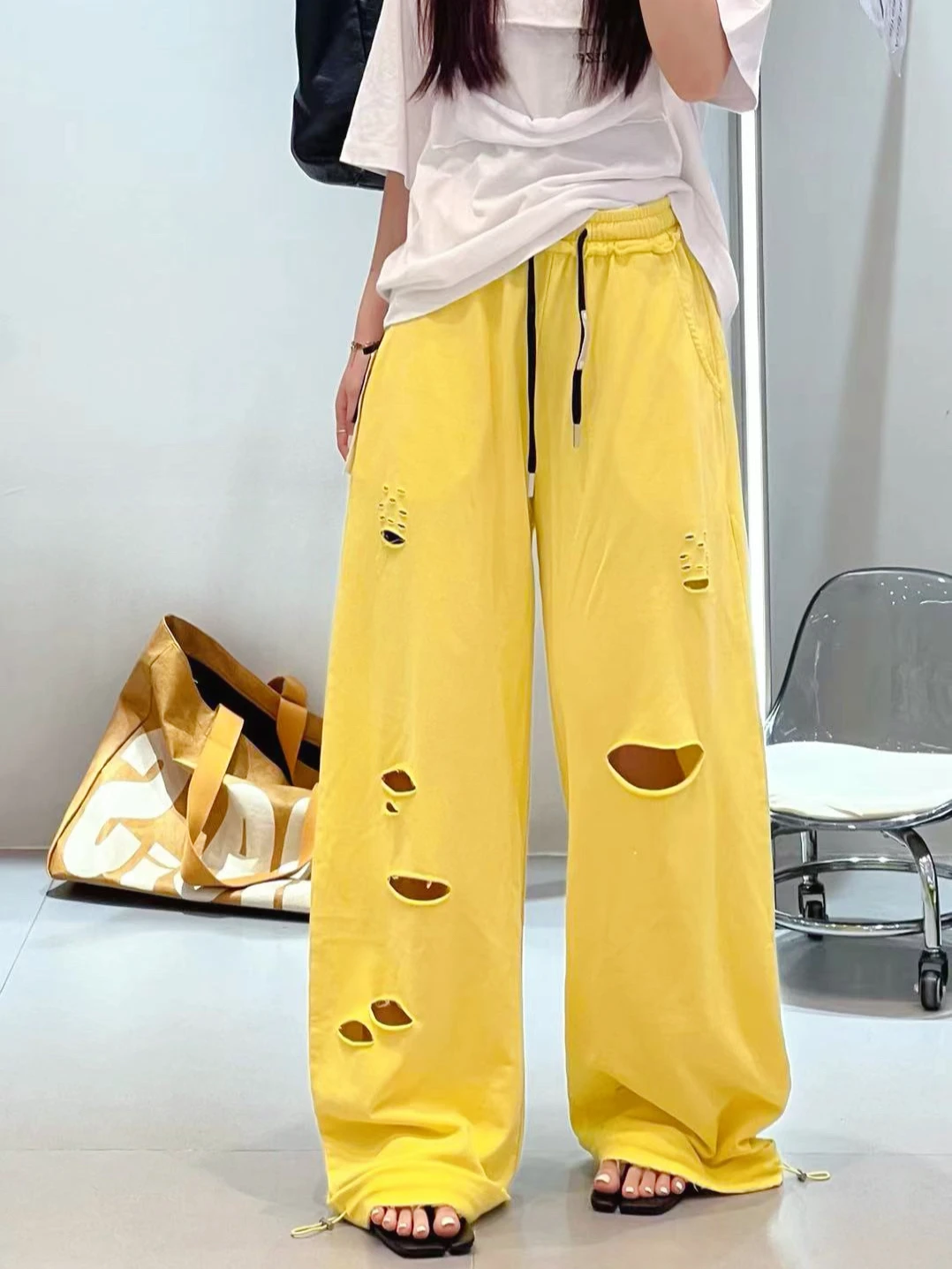 Summer New Pure Cotton Versatile Ripped Casual Pants for Women High Waist Straight Wide-Leg Loose Floor-Length Pants