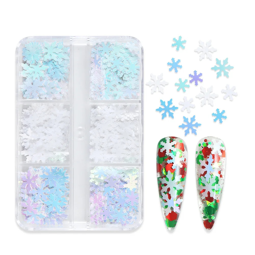 Piezas de copos de nieve de 6 rejillas, decoración artística de uñas con lentejuelas, abalorio de manicura de copos de nieve de Navidad Kawaii, figuras de puntas de uñas DIY, regalos de navidad