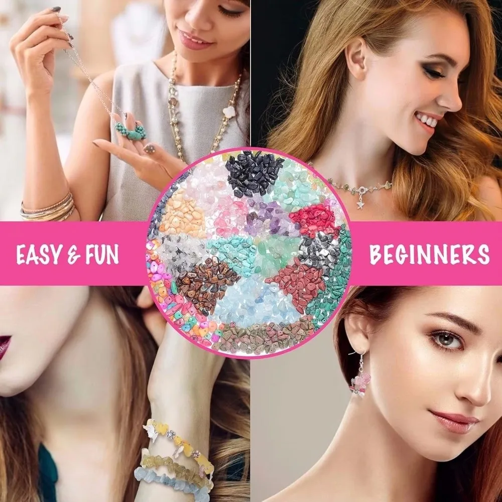 Schmuckset zum Basteln mit Steinperlen, handgefertigtes Armband-Set mit unregelmäßig zerkleinerten Steinen, Charms, DIY-Bastelset, DIY-Armband-Set für Mädchen – Detail 5