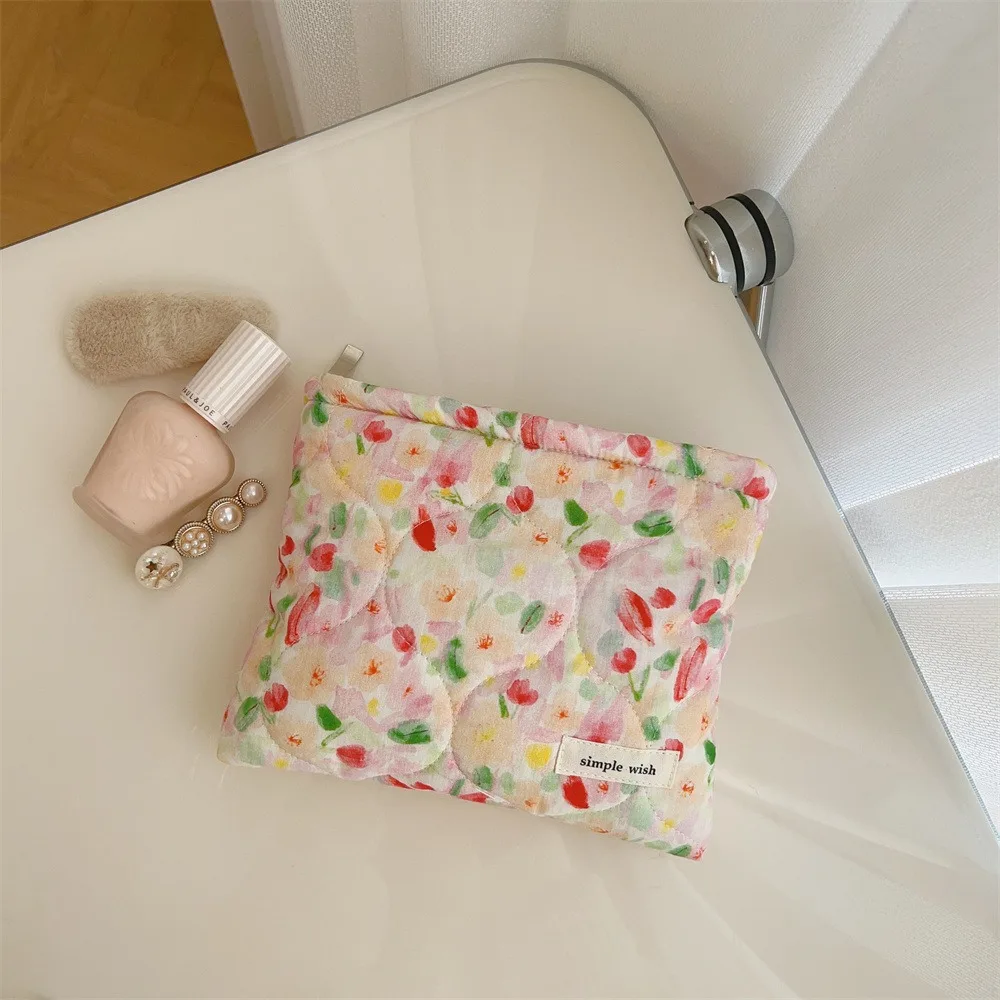 Square Flower Zipper Canvas Makeup Toiletries Organizer Bags Small Cotton Bath Washing Cosmetic Bag Mobile Phone Storage Bag