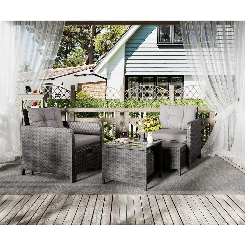 5 Piece Patio Conversation Set, Wicker Rattan Lounge Chairs with Soft Cushions 2 Ottoman&Glass Table, Garden Furniture Set