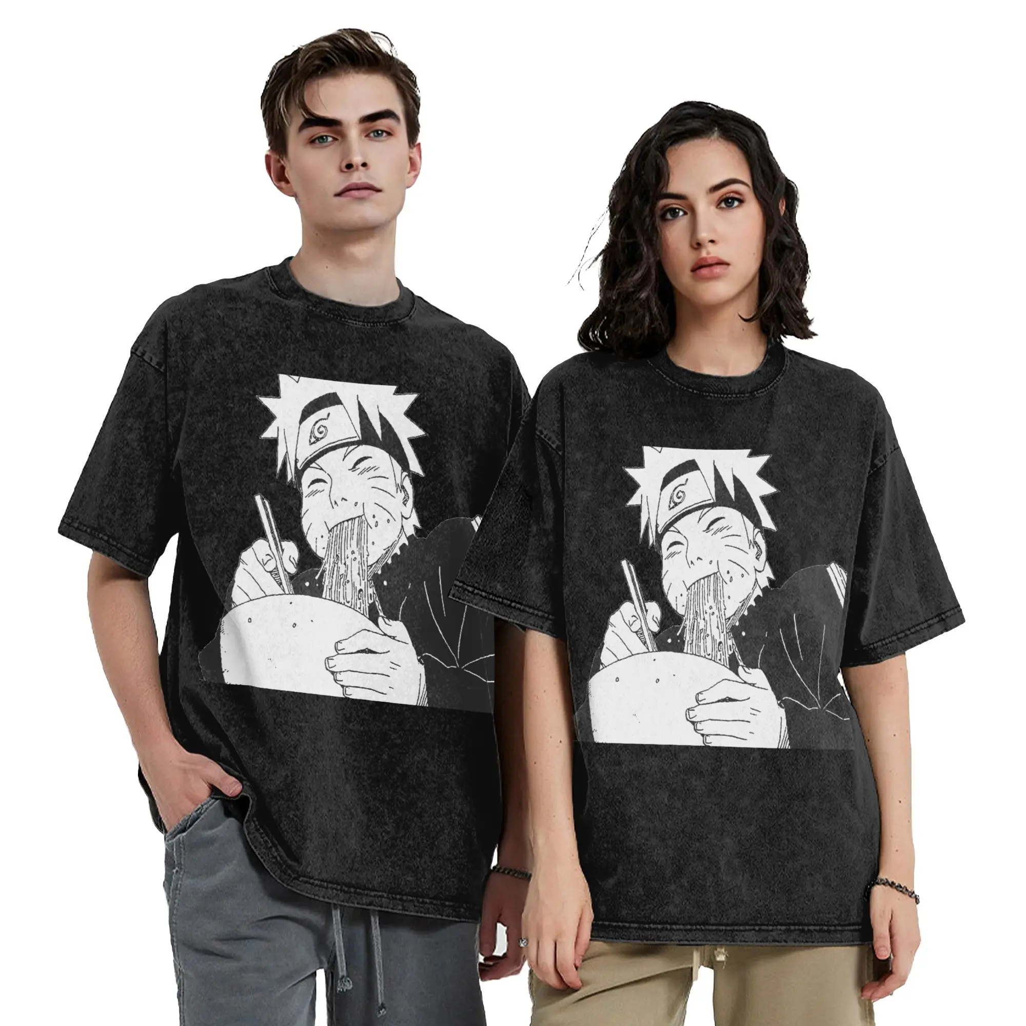 Narutoes Washed T Shirt Ramen Naruto Hip Hop Fashion T-Shirt Harajuku Streetwear 100% Cotton Printed Tops Tops Tees Men Women