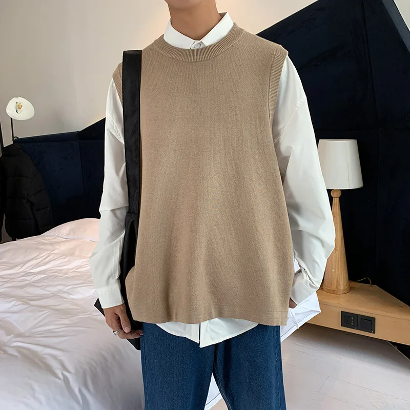 Sweater Vest Men Solid Color Knitting Side Button Teenagers Autumn Warm Casual Loose Split Korean Style O-neck All-match Simple