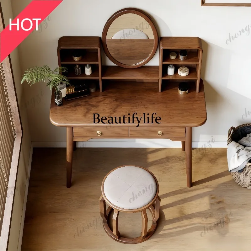 M07 Nordic style solid wood dresser with mirror bedroom makeup table multi-functional storage integrated ash wood