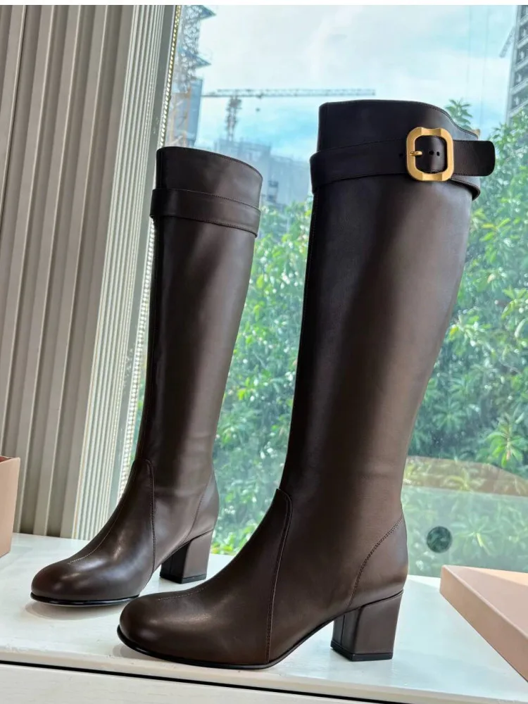 

Autumn and Winter New Women's Coarse High Heels Knee Boots Round Head Belt Buckle Fashion Mid Heeled Boots Women's Short Boots