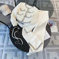 Women Vintage Jacquard Elegant Suit Jacke Coat Top And Long Pant Two Piece Set Matching Outfit Female Tweed Fragrant White Cloth