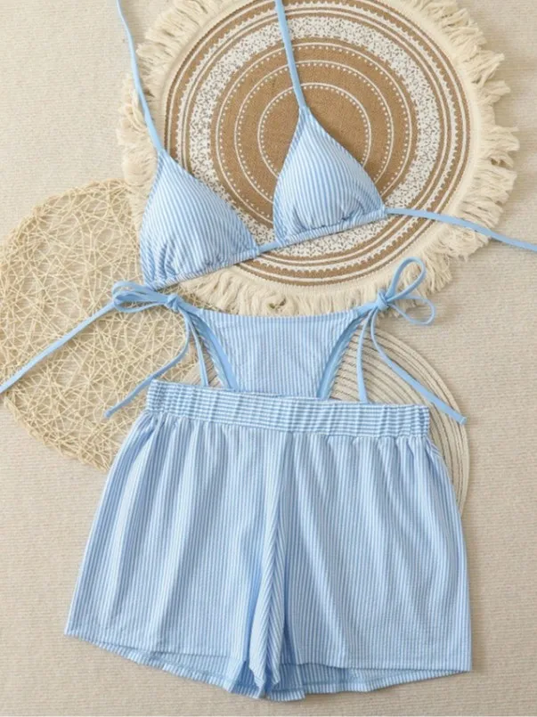 2026 Striped Push Up High Waisted Two Piece Bikini Set Women Tummy Control Swimsuit Swimwear Beach Vacation Summer Shorts Set