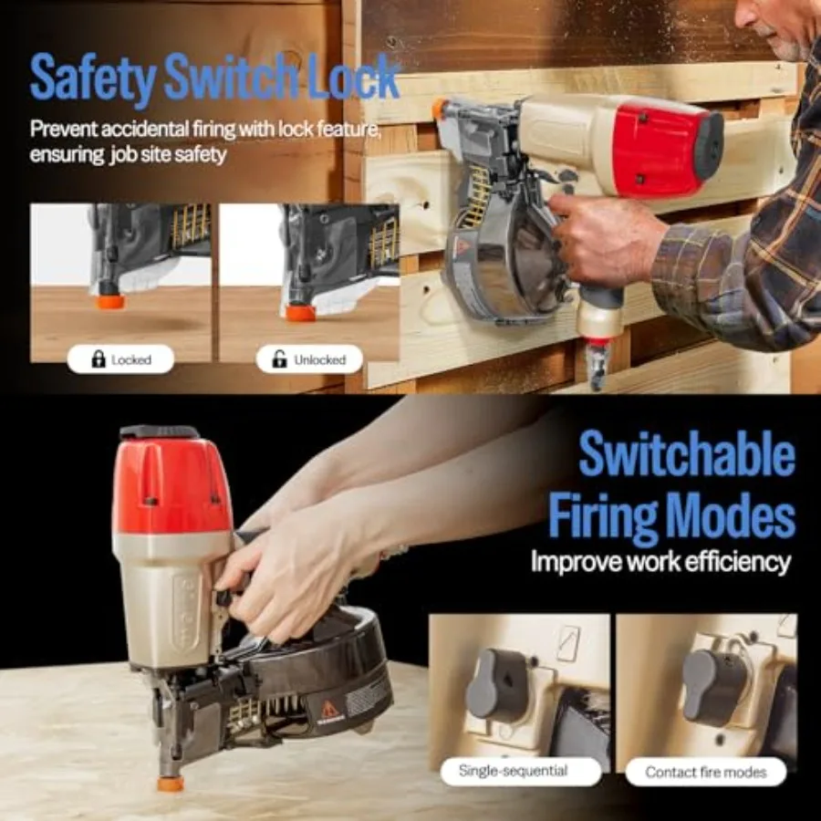 Pistola pneumática para unhas de revestimento, pistola leve com bobina de ar com profundidade do prego do nariz de segurança e ajuste de escapamento 360