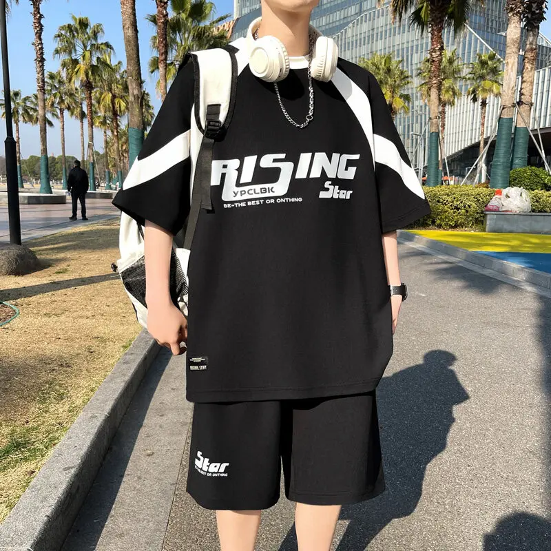 Conjuntos de verano para hombre, ropa de calle, camisetas de manga corta + Pantalones cortos, ropa deportiva transpirable de estilo chino para hombre, trajes de 2 piezas