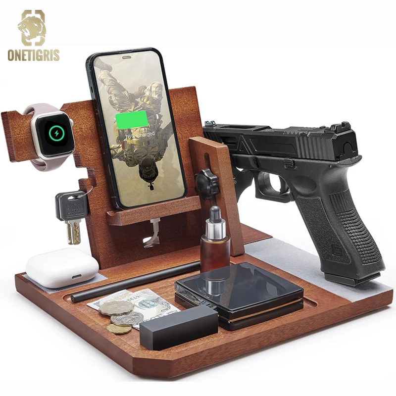 ONETIGRIS Wood Phone Docking Station, Men Gift Nightstand Organizer Desk Organizer Beside Wallet Tray Watch Stand with Gun Rack