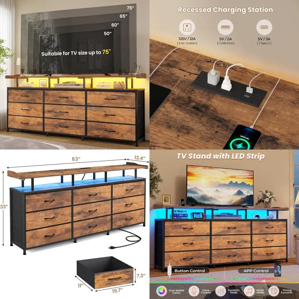 75 Inch TV Stand Console Table with LED Lights, Power Outlets, 9 Drawer Dresser Entertainment Center