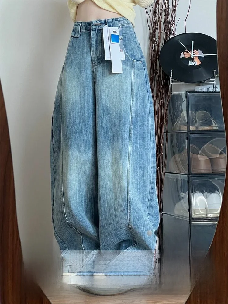 

Широкие джинсовые джинсы в стиле ретро, женские осенне-зимние новые брюки прямого кроя с бамбуковой текстурой и косой