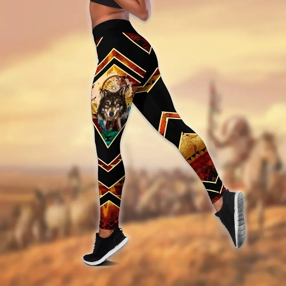 Nowe damskie legginsy styl plemienny Native Indian Wolf 3D legginsy z nadrukiem + Hollow Tank Combo Sexy elastyczne kobiece spodnie Skinny Yoga