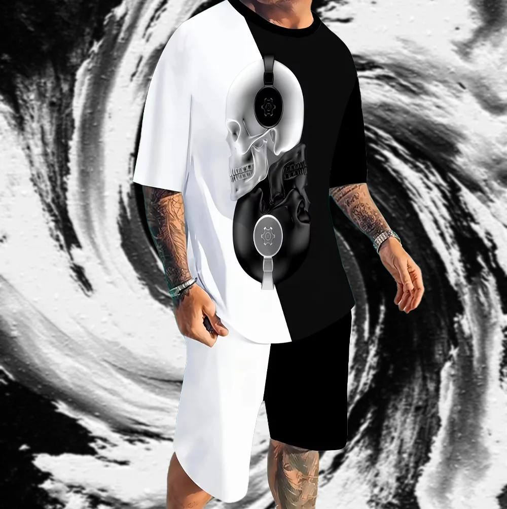

Skull Color Block Pattern Mens 2 Piece Outfits, Comfy T-shirt And Casual Shorts Set For Summer, Men's Clothing
