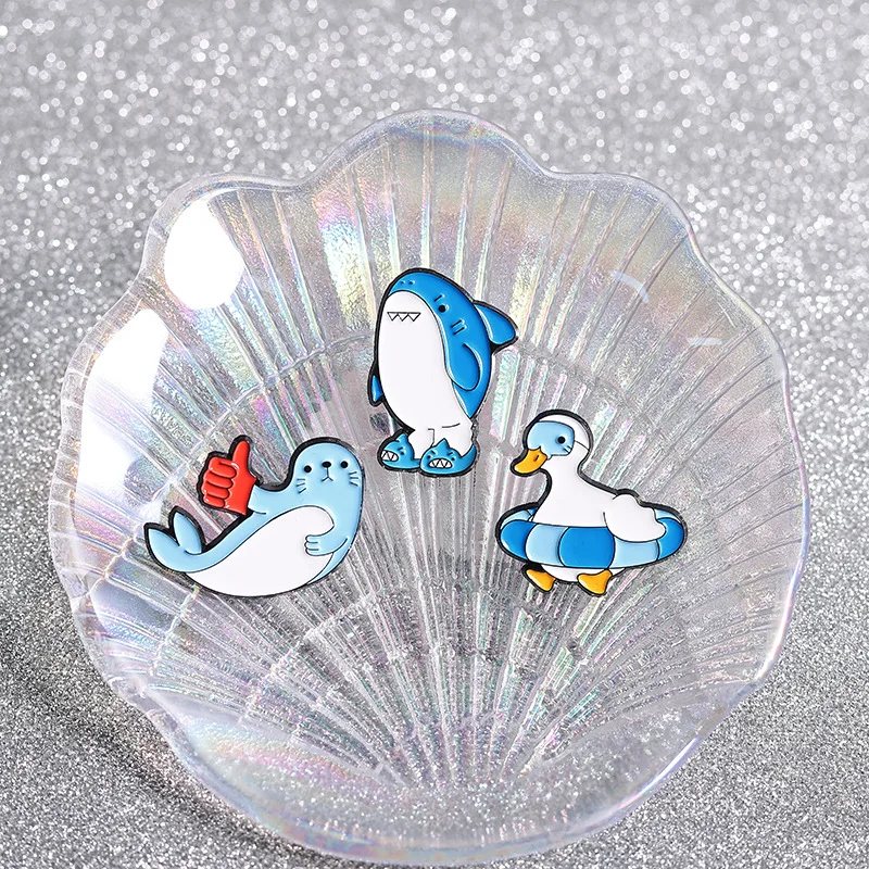 Cute Seal Shark Duck Wearing Swimming Ring Badge Brooch Pins Funny Cartoon Animal Lapel Pin Accessory On Backpack Clothing Decor