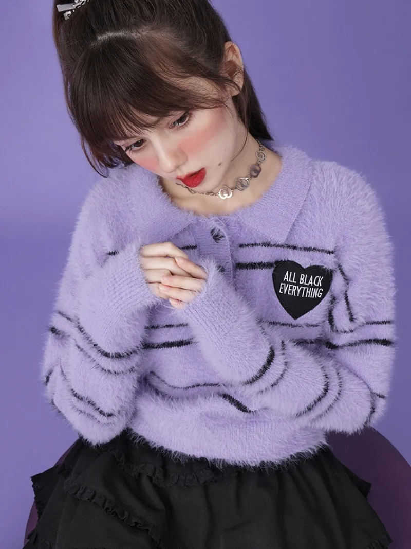 2023 Autumn Winter New Sweet Cool Striped Mink-like Knitted Sweater Polo Top Versatile Leisure Anti-Aging Knitwear Y2k Clothes