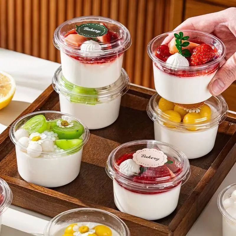50/100Pcs 250ML Disposable Salad Cup Transparent Plastic Dessert Cups Bowls Container with Dome/Flat Lids for Ice Cream Cupcake
