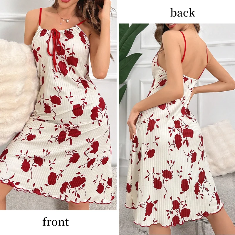 Women's Printed Knitted Ribbed Nightgown Women's Long Casual Backless Ice Silk Printed Sleeveless Suspender Sexy Nightgown