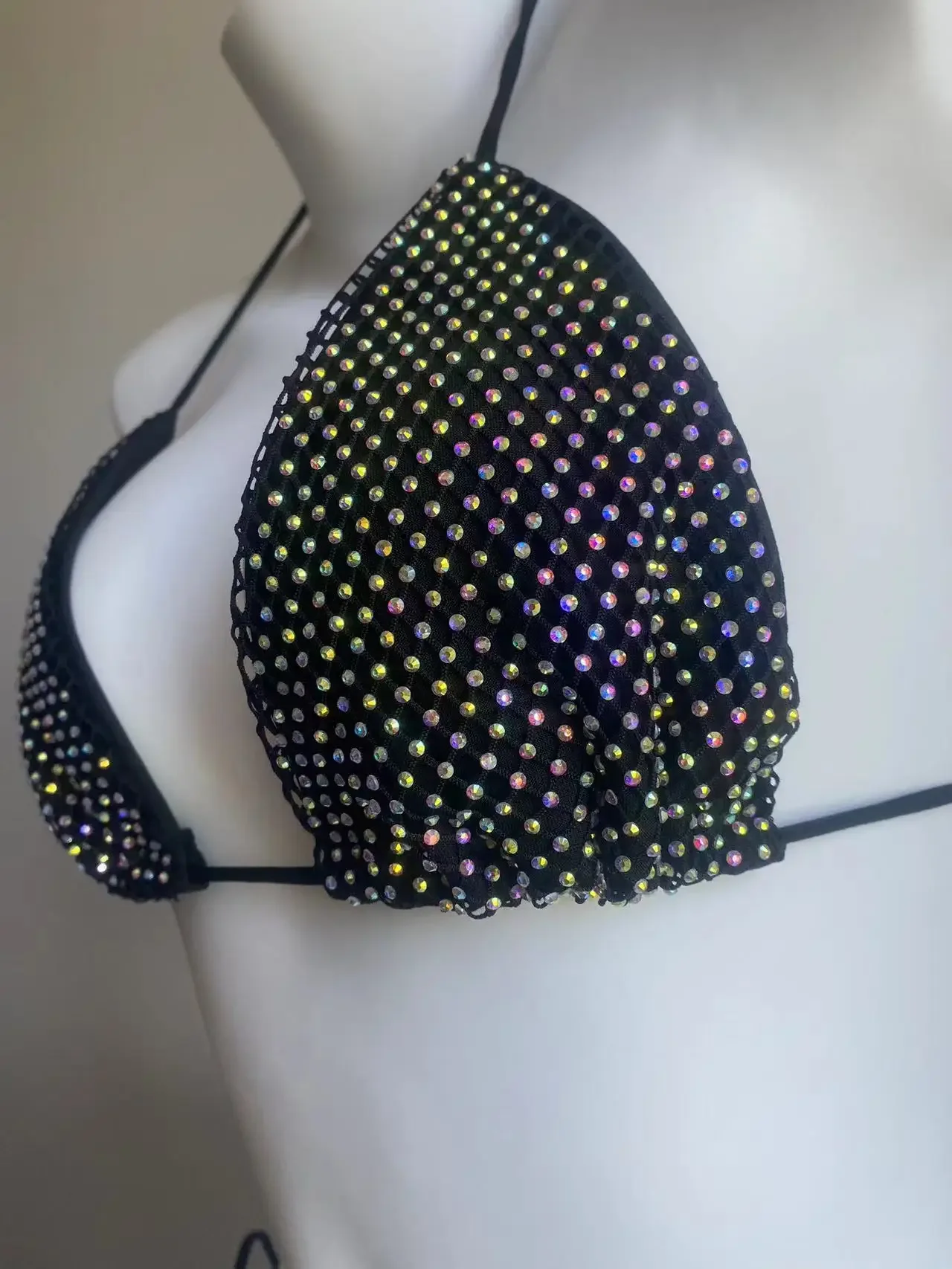 Conjunto de Bikini triangular con espalda descubierta y diamantes de imitación brillantes Halter, traje de baño Sexy de alta elasticidad con lazo, traje de baño para mujer