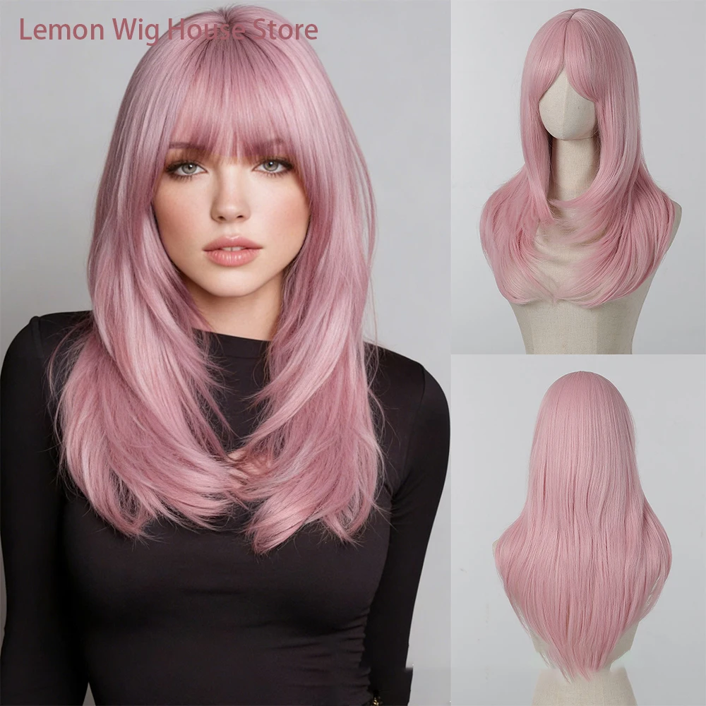 Pink Synthetic Wig for Women Daily Party Medium Long Straight Hair High-Layered Lolita Wig with Bangs Cosplay Wig Heat Resistant