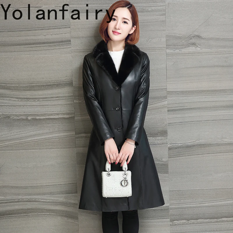 YOLANFAIRY 2025 Herbst Winter Echt Schaffell Echtes Leder Jacke Frauen Mid-länge Pelzmantel Nerz Pelz Liner Graben mäntel Schlank