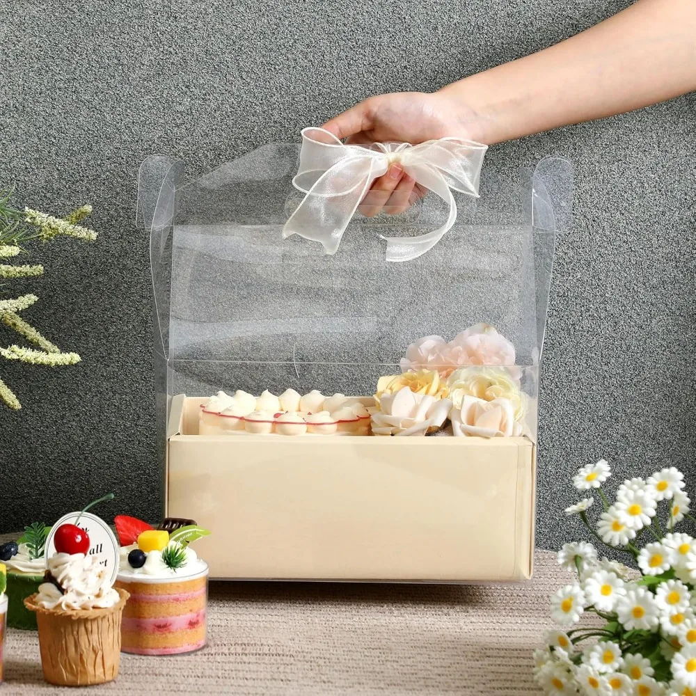 10 Pack 4 Inch Clear Cake and Flower Gift Boxes with Ribbon, Ideal for Weddings Parties Holidays
