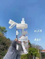 1 psc white Baiyun water cup with letter pattern and straw. It can be used at home and outdoors.