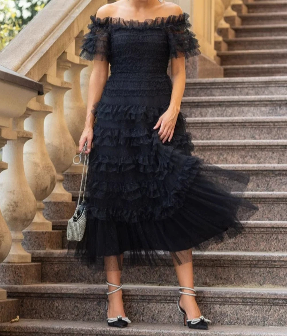 

New style off-shoulder mesh dress with slim waist and large skirt, mid-length skirt, elegant solid color dress-GZXX435