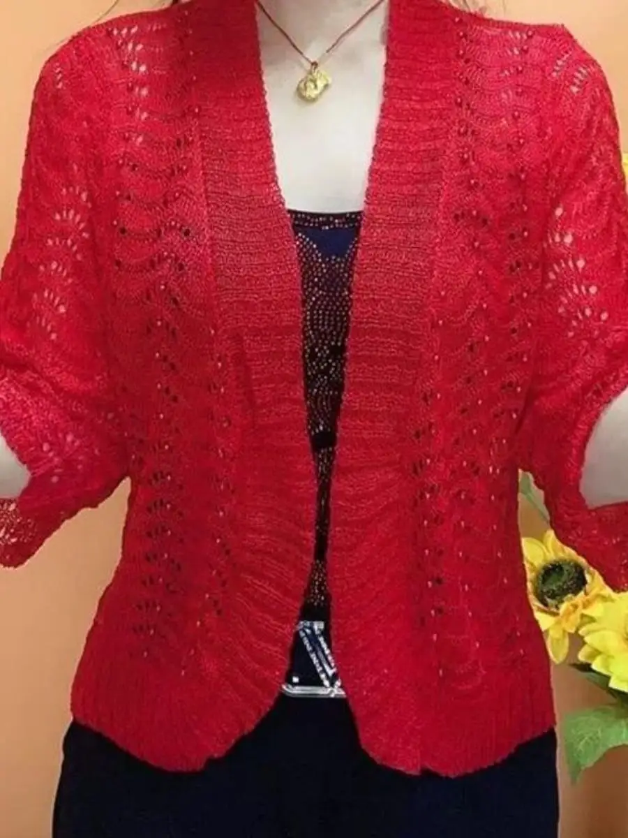 Kardigan z dzianiny lodowego jedwabiu dla kobiet w średnim wieku, rękaw 3/4, zdobiony, jednolity kolor, ażurowy...