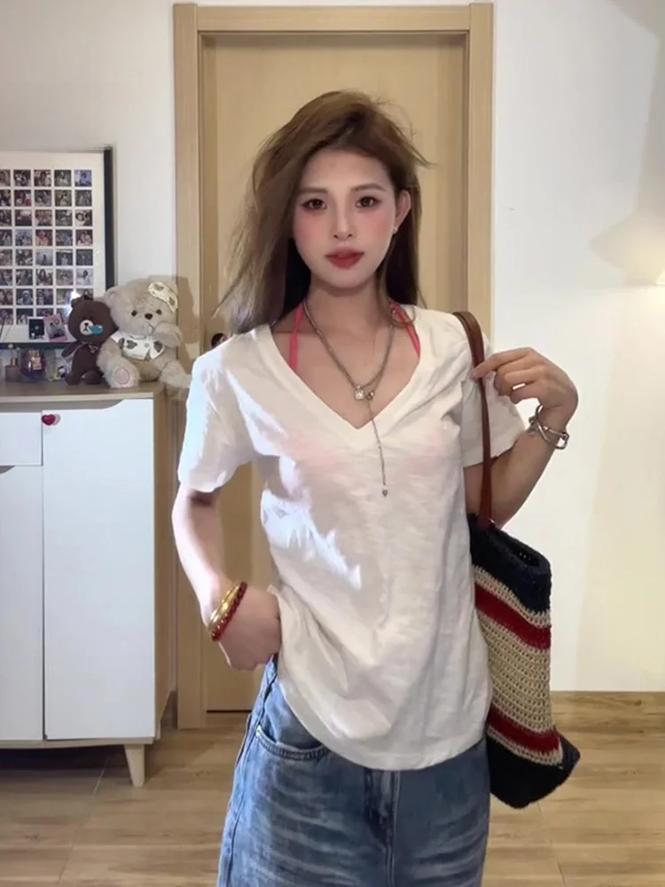 American Sle ort Sve V-Ne Design Slim Fit Women's T-irt Summer Casual Comfortable Breathable  Color Top