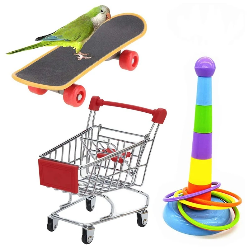 Mini carrito de compras para loros, anillos de entrenamiento, soporte para monopatín, periquito, garras de cacatúa, Mini placa deslizante de entrenamiento, Juguetes