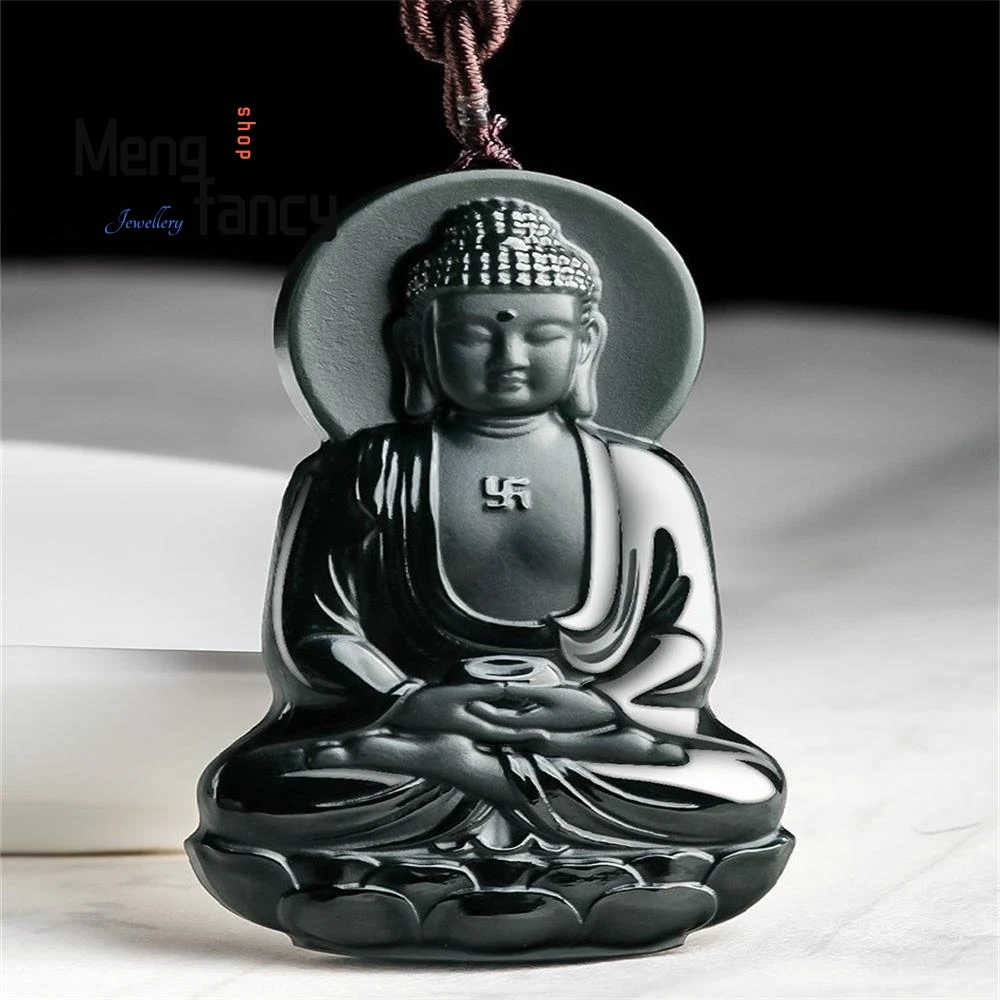 

Natural Old Material Hetian Ink Jade Amitabha Pendant Exquisite Retro Buddhist Amulet Engraver Handicraft Fashion Luxury Jewelry