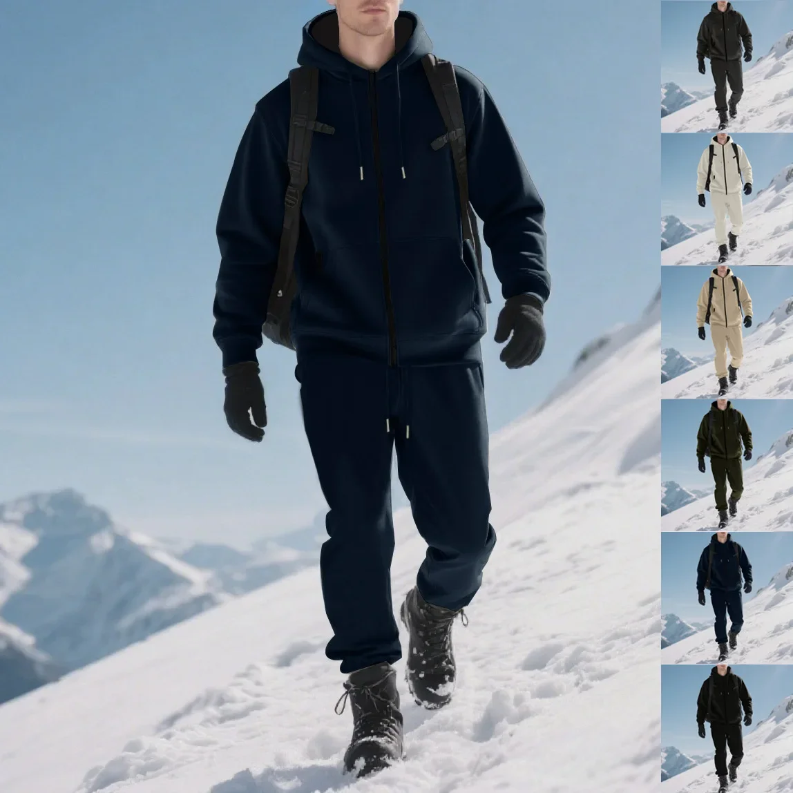 

Осенне-зимний мужской однотонный спортивный флисовый кардиган с капюшоном, комплект флисовых брюк