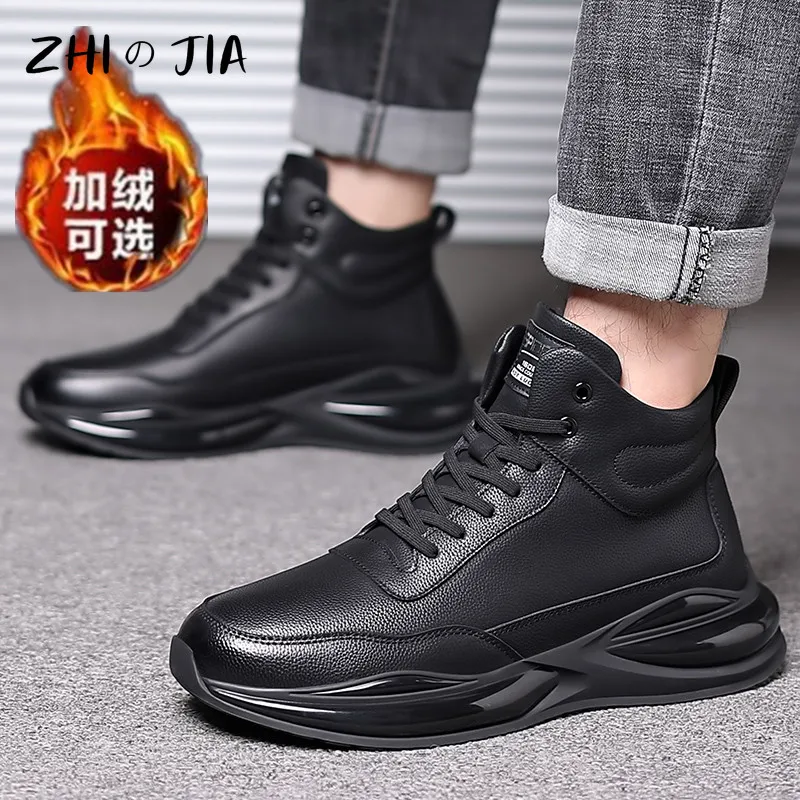 High Quality High Top Genuine Leather Shoes Autumn Winter Casual Sneaker Fashion Trend Air Cushion Shoes Men\'s Black Footwear