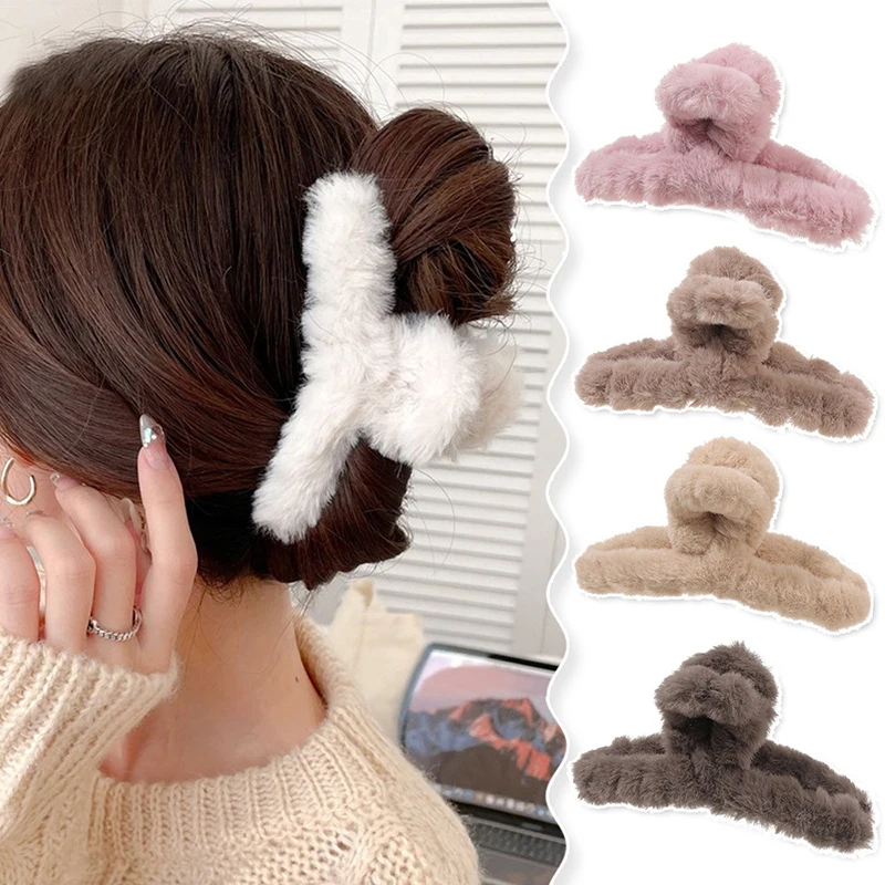 Women Hair Claw Cute Plush Faux Fur Hair Clamps Autumn Winter Hairpins Solid Elegant Large Barrette Fashion  Hair Accessories