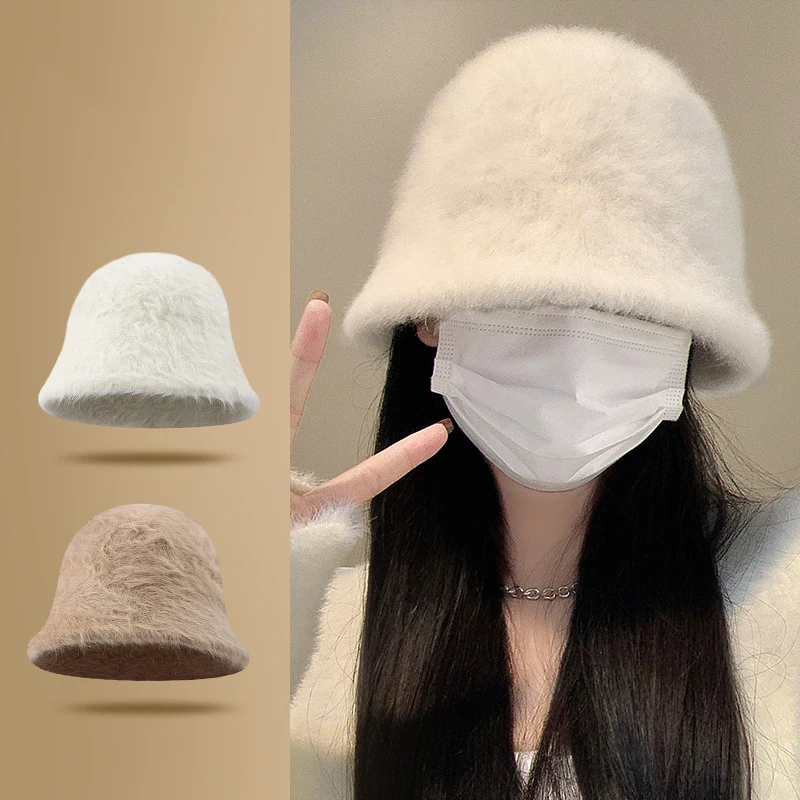 Rabbit Hair Fisherman Hat For Women Autumn-winter Basin Hat Head Round Plush Senior Sense Face Small White Bucket Hat For Women