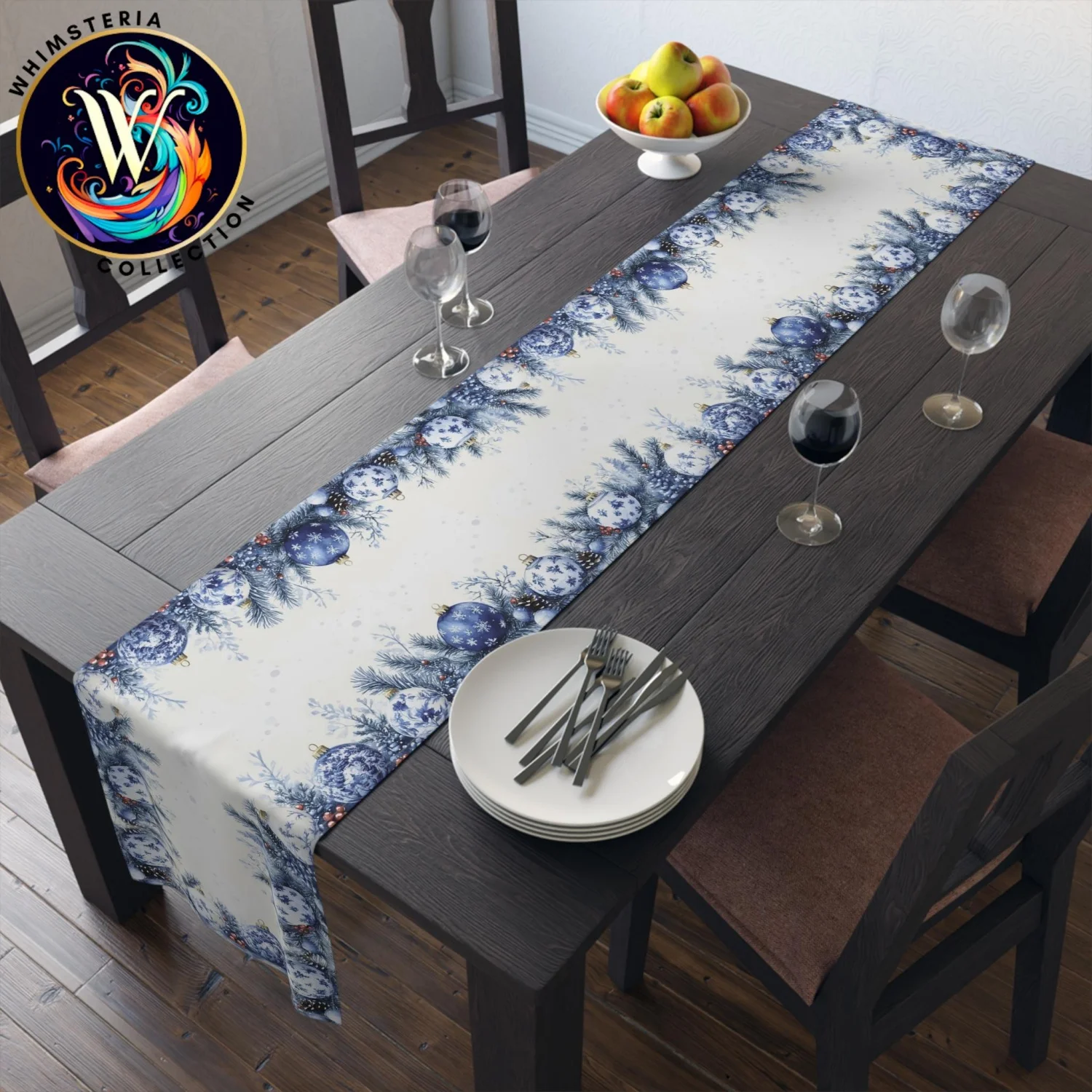 Chinoiserie Christmas Table Runner, Holiday Dining Decor, Festive Blue White Polyester, Xmas Kitchen Table Decoration