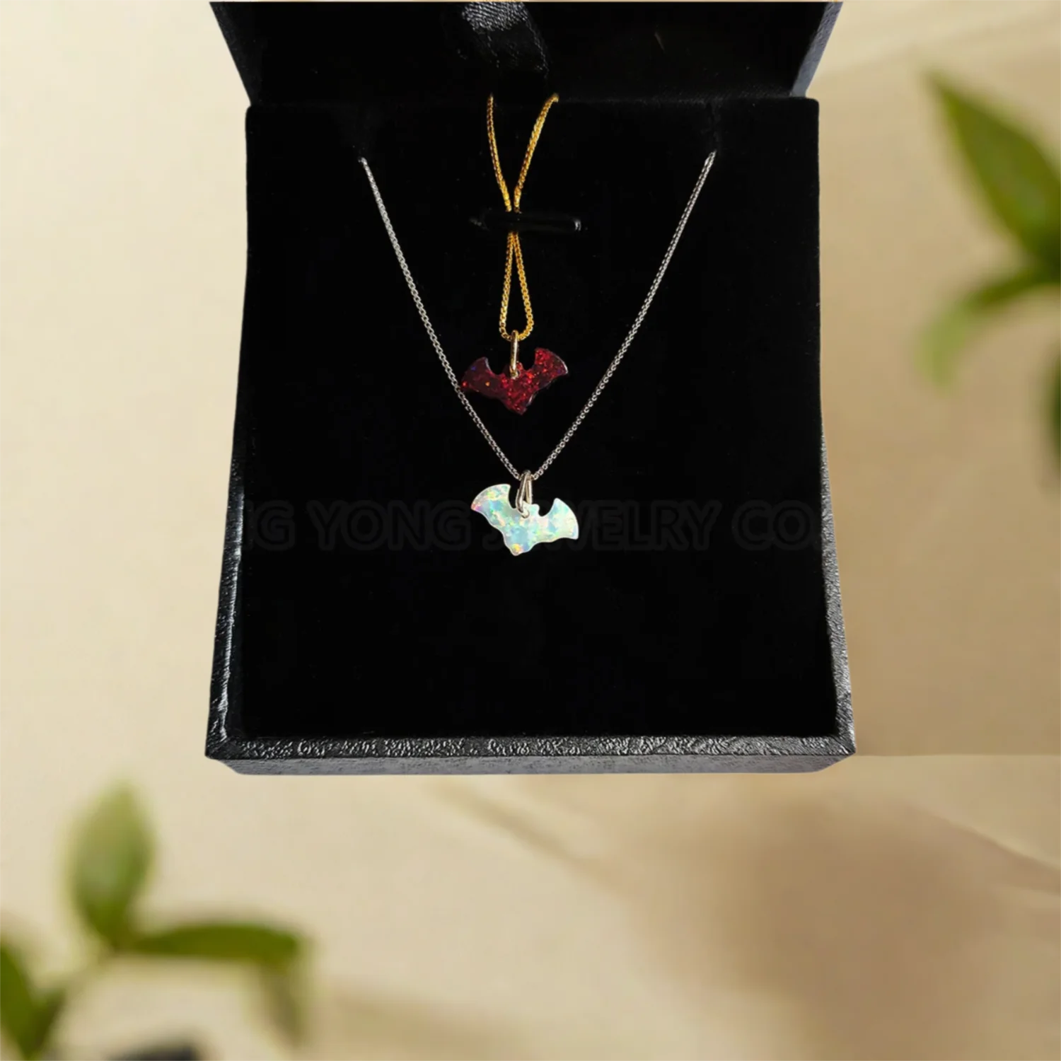 

Halloween Bat Pendant Necklace for Men Women Silver Box Chain Black and White Opal Stone Necklace