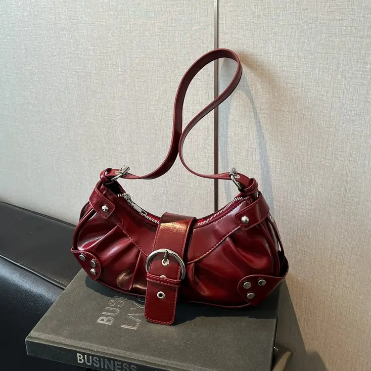 

Trendy Retro Pleated Crescent Underarm Bag 2026, Spice Girl Motorcycle Design with Rivets, Fashion Commuter Women's Bag