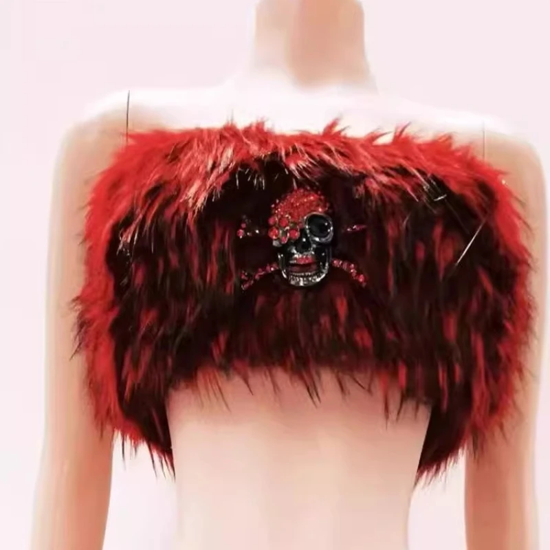 Original Design Red Furry Sweet Cool Short Women's Vest Gothic Style Music Festival Performance Rivet Y2K Sexy Skirt Set Ladies