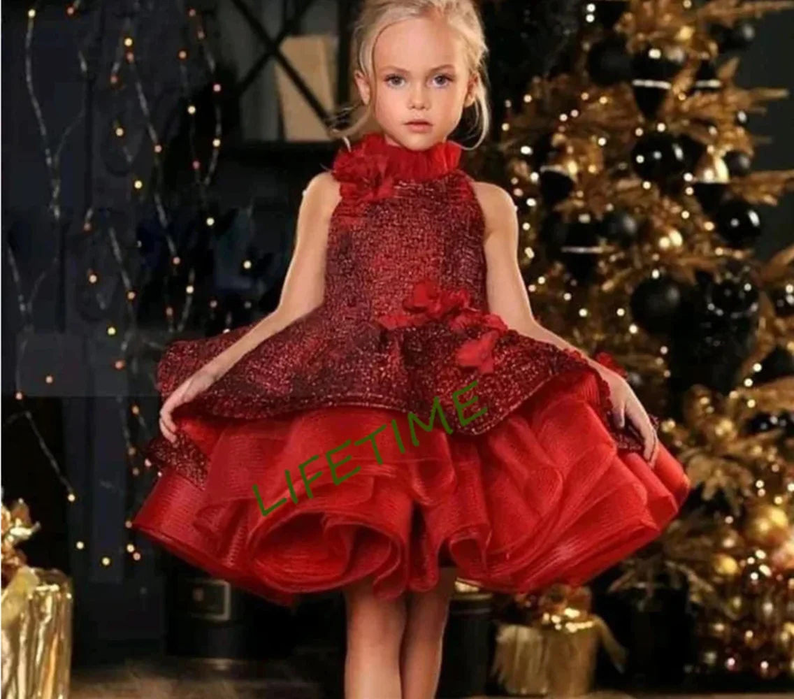 Red Glitter Tulle Puffy High Neck Flower Girl Dress per matrimonio Applique 3d con fiocco bambino primo abito da festa di compleanno eucaristico