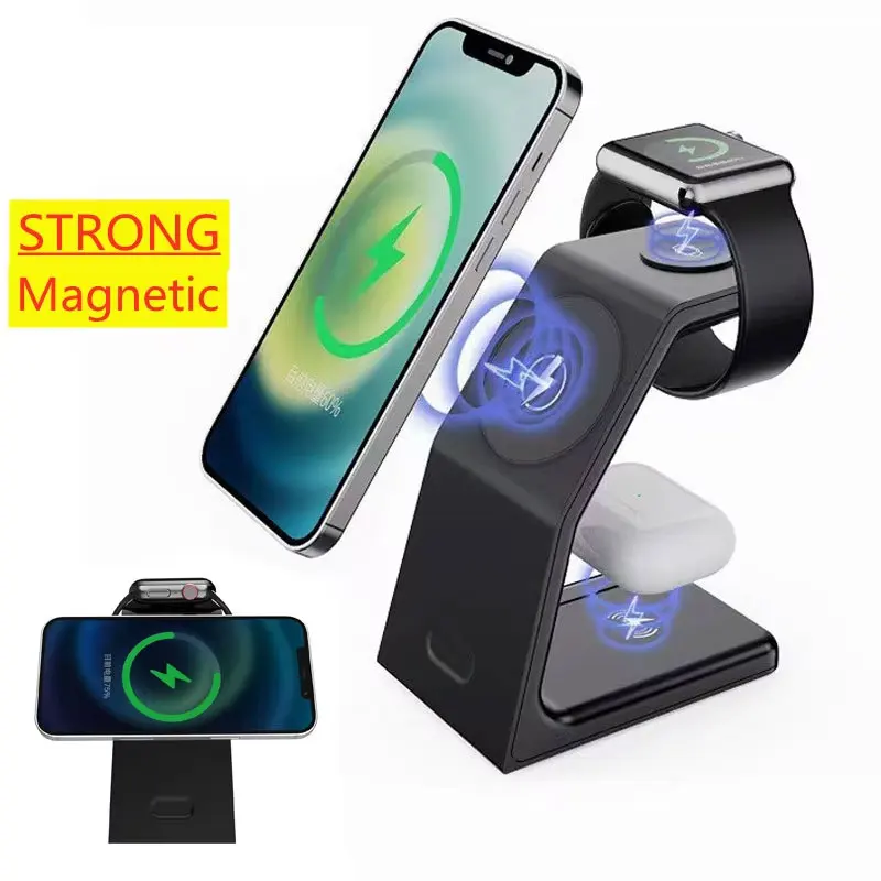 Base de Carga Inalámbrica Magnética 3 en 1, Estación de Carga Rápida para Teléfono, Compatible con Magsafe iPhone 17 16 15 14 13, Apple Watch, AirPods Pro 4/3