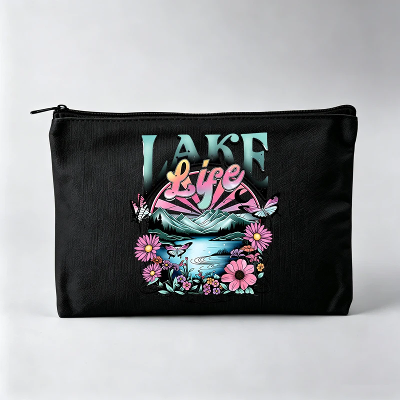 Lake Life Nature Graphic Makeup Bag with Floral Design, Zipper Cosmetic Pouch for Daily Use