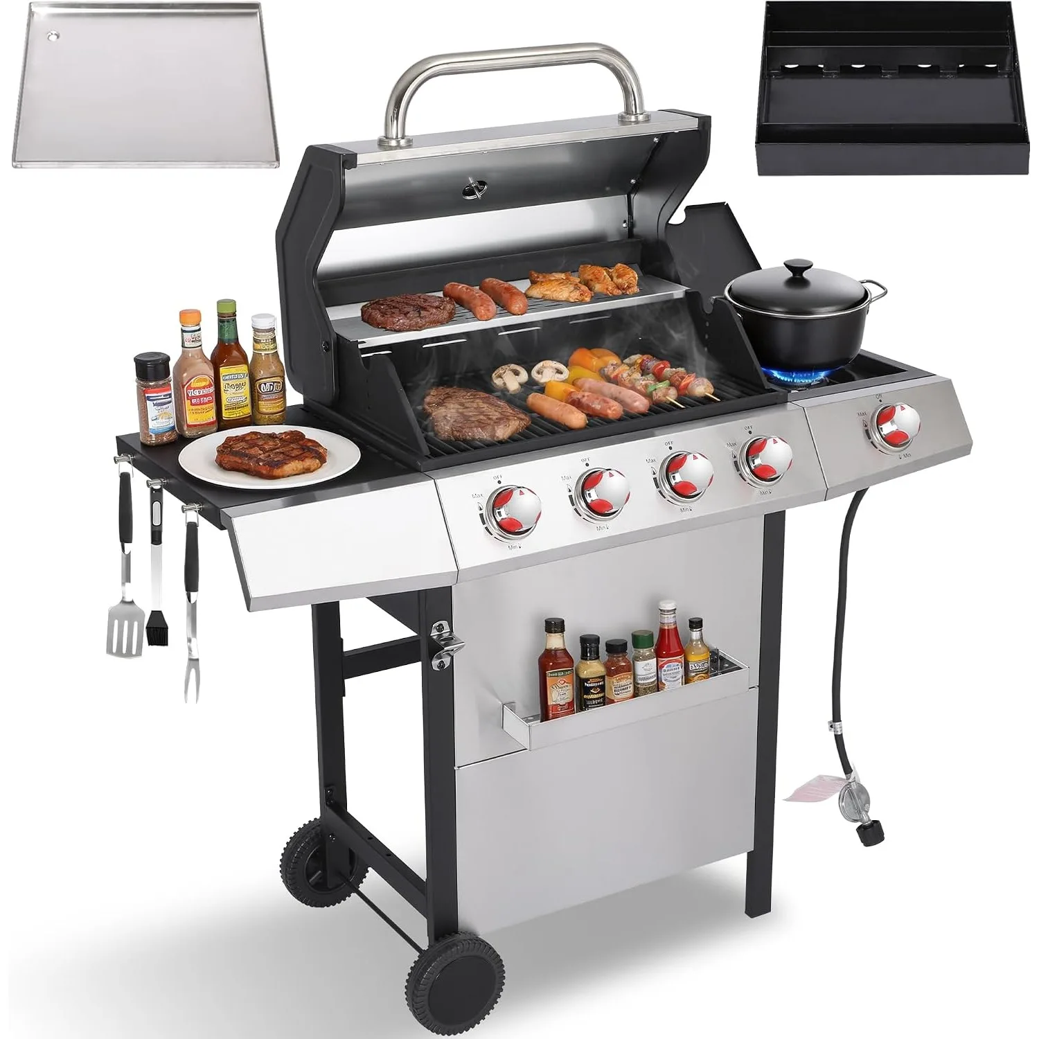 Gas and Charcoal Grill Combo with Side Burner, 4-Burner Propane Grill and Griddle Combo with Porcelain-Enameled Cast Iron Grates & Double-Wall Insulated Lid, 49,000 BTU Outdoor BBQ Grill