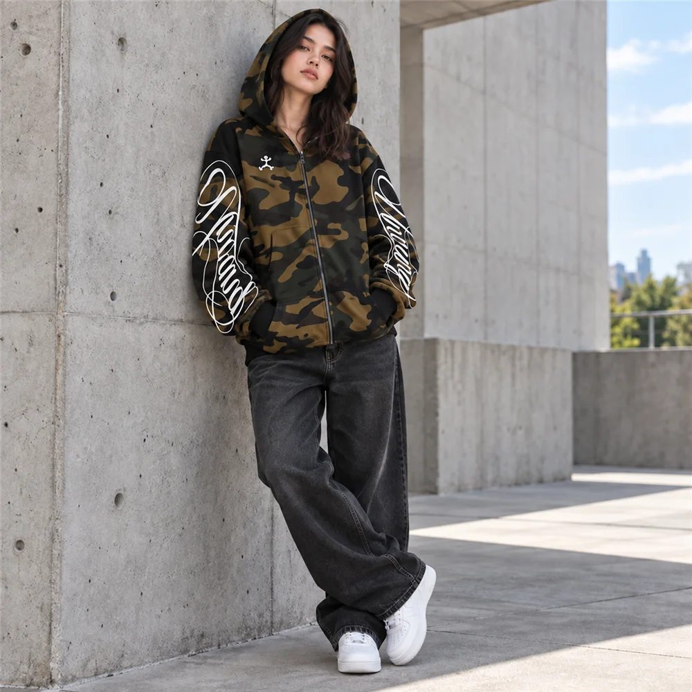 Unisex Camouflage Zip Up Hoodie Relaxed Fit Graphic Sleeve Streetwear Jacket