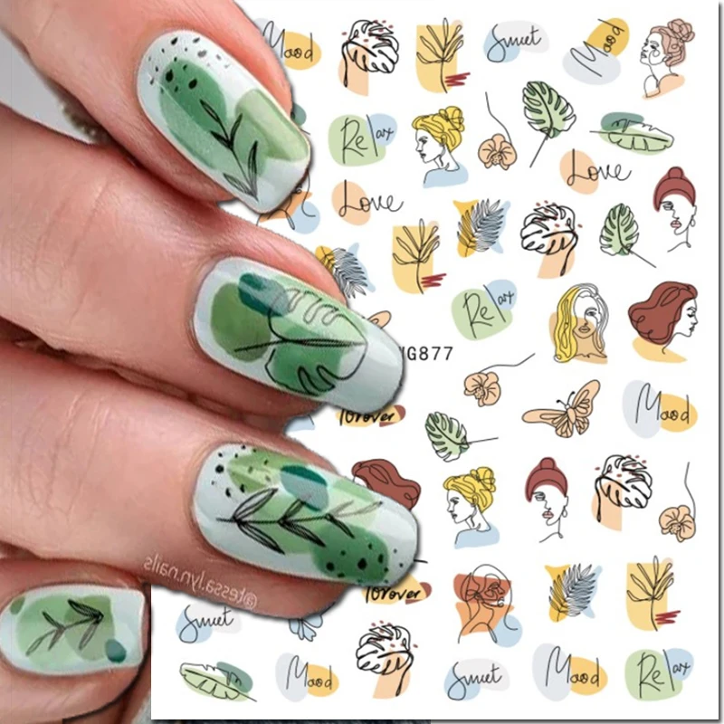 Adesivi per Nail Art 3d linee nere astratte ragazze foglie fiori Butterflys cursori adesivi decalcomanie per Manicure per unghie