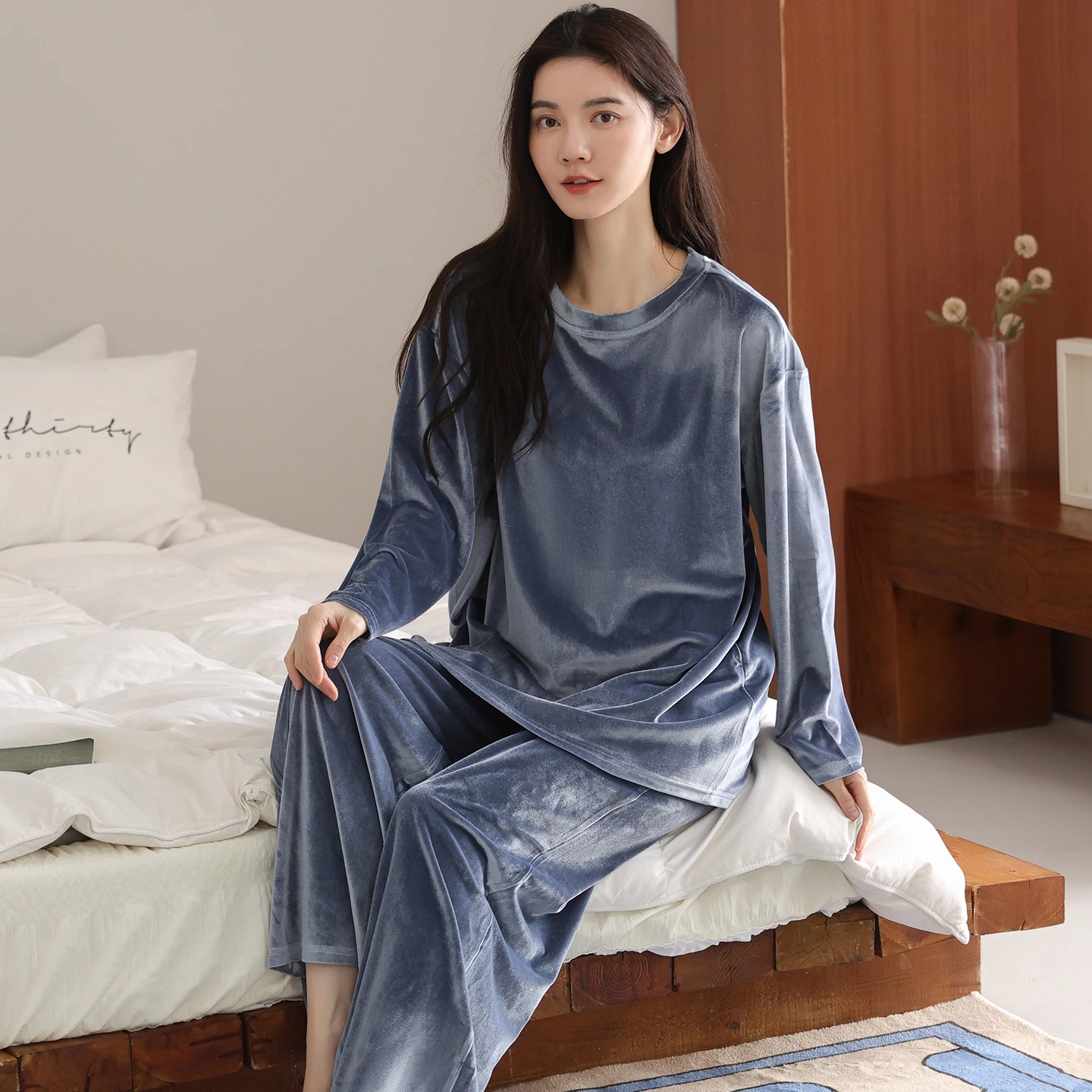 

Женский пижамный комплект, плотные пижамы, бархатные однотонные домашние костюмы с круглым вырезом, роскошные осенне-зимние теплые пижамы Mujer, элегантная одежда для сна